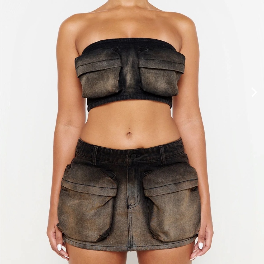 Luxe to kill brown wash denim crop top bandeau NWT